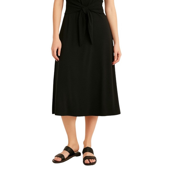 Black Jersey Knit Midi Dress w/ Waist Tie – Comfy & Versatile Wardrobe Essential - Picture 4 of 12